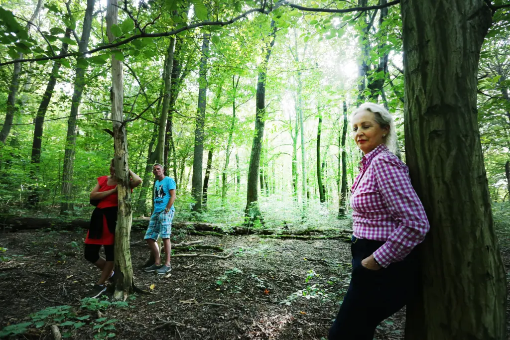 Eine Teilnehmerin lehnt sich entspannt mit geschlossenen Augen an einen Baum beim Waldbaden (Shinrin-Yoku-Methode) im Nationalpark Hainich bei Weberstedt am 12.08.2019, während im Hintergrund weitere Personen entspannen. Foto: Anja Jungnickel