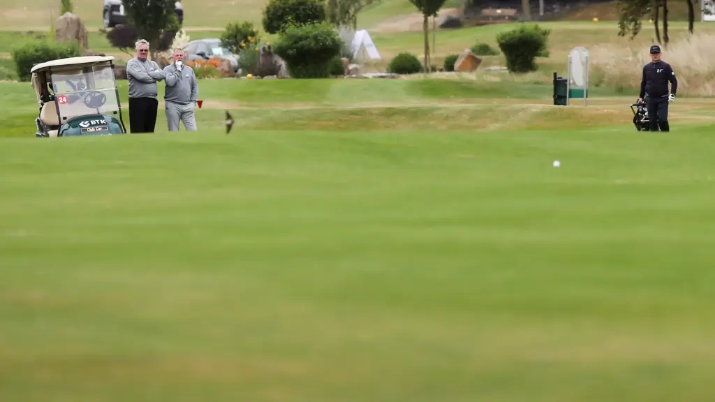 Professionelle Unternehmens- und Eventfotografie von Anja Jungnickel beim Porsche Golf Cup in Machern bei Leipzig: Teilnehmer stehen im Hintergrund bei einem Golfcart auf dem Platz.